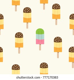 
One Pastel ice cream among chocolate ice cream Standing out from crowd, individuality and difference concept. Seamless pattern background 