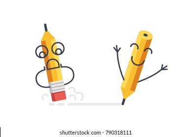 One pencil removes another writes, concept of text redaction, dispute and disagreement, compromise flat vector illustration