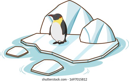One penguin standing on ice on white background illustration