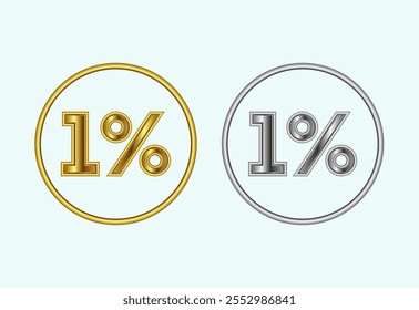 One percent icon, 1 percent sign symbol in gold and silver color