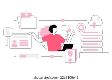 one person controlled database security abstract concept vector illustration with attractive colors. 
Cloud storage, secure file sharing, automatic backup, file hosting, data recovery.