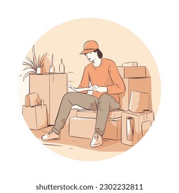One person delivering package, sitting on carton icon isolated