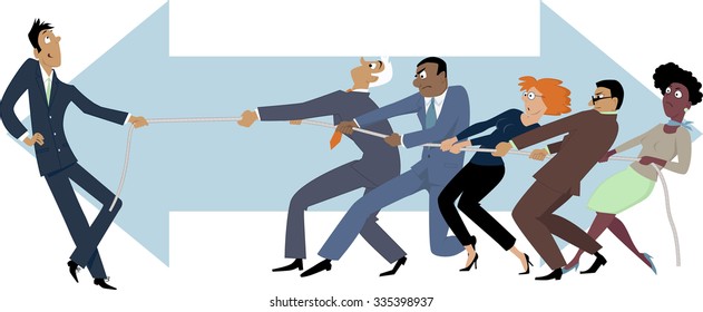 One person easily winning a tug of war with a group of business people, EPS 8 vector illustration