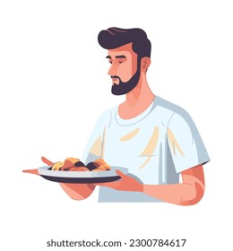 One person eating gourmet meal, holding fruit isolated