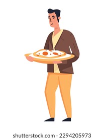One person eating pizza, smiling with happiness isolated