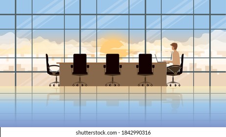 One person. Employee laptop working in company workplace meeting conference room. Professional occupation office people city lifestyle of work hard overtime overwork. Alone in early morning sunrise. 