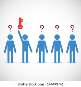 One person getting the key while other have questions. Abstract background. Vector illustration.