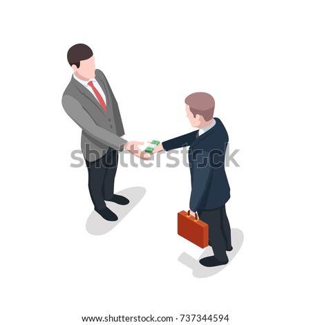 One person gives money to another, bribe, financial crime isometric illustration