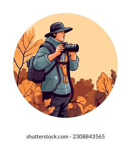 One person hiking with backpack and camera icon isolated