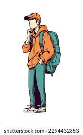 One person hiking with backpack character isolated