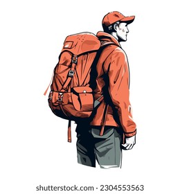 One person hiking with backpack, standing icon isolated