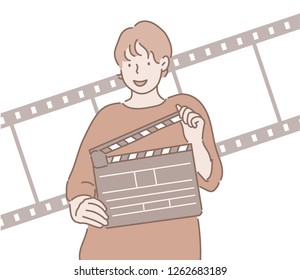 One person is holding a clapper board and smiling. hand drawn style vector design illustrations.