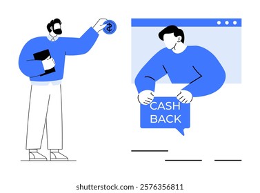 One person holds a dollar sign while another gives a CASH BACK message inside a browser window. Ideal for marketing, online shopping, customer rewards, e-commerce, financial services. Simple modern