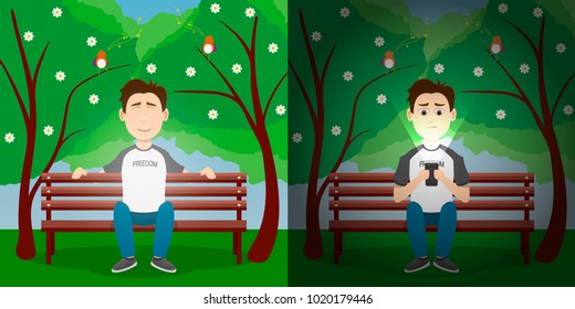 One person just rests in the park on the bench, another boy looks at the smartphone and does not notice anything around. Vector illustration.