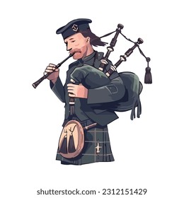 One person playing bagpipe instrument in uniform icon isolated