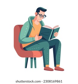 One person reading book in chair smiling icon isolated