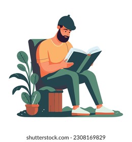 One person reading book in modern library icon isolated