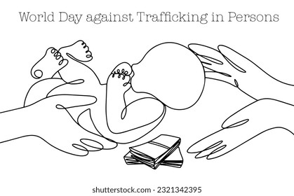 One person sells a child to another. Illegal human trafficking. Surrogacy. World Day against Trafficking in Persons. One line drawing for different uses. Vector illustration.