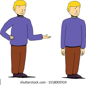 One person is standing and pointing at a second man. Characters have amusing eyes on their faces.