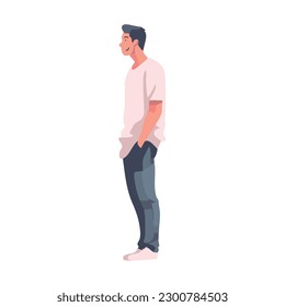 One person standing, smiling in fashionable jeans isolated