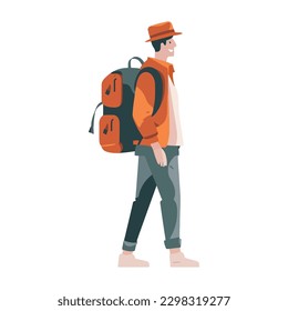 One person walking with backpack in nature over white