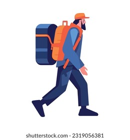 One person walking with backpack on adventure icon isolated