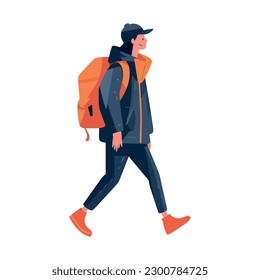 One person walking with backpack over white