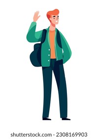 One person walking with backpack, smiling success icon isolated