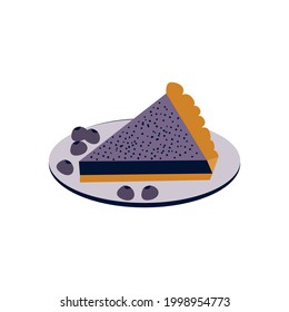 One piece of blueberry pie on a ceramic plate with several pieces of blueberry. Vector illustration 