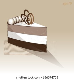 One piece chocolate souffle cake
Dessert three layer with a figurine chocolate on top decorated with meringue diet food drawing for printing or menu