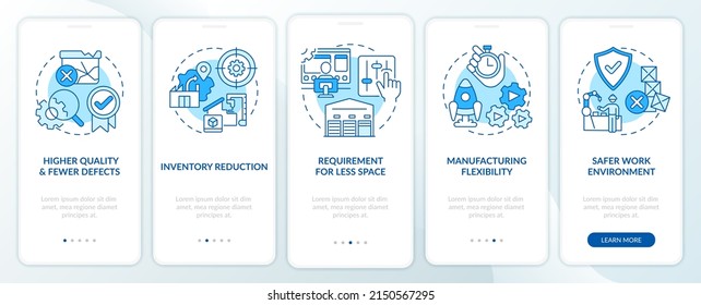 One piece flow advantages blue onboarding mobile app screen. Walkthrough 5 steps graphic instructions pages with linear concepts. UI, UX, GUI template. Myriad Pro-Bold, Regular fonts used