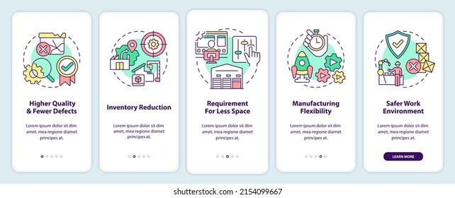 One piece flow advantages in manufacturing onboarding mobile app screen. Walkthrough 5 steps graphic instructions pages with linear concepts. UI, UX, GUI template. Myriad Pro-Bold, Regular fonts used