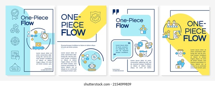 One piece flow yellow and blue brochure template. Lean manufacturing. Leaflet design with linear icons. 4 vector layouts for presentation, annual reports. Questrial, Lato-Regular fonts used