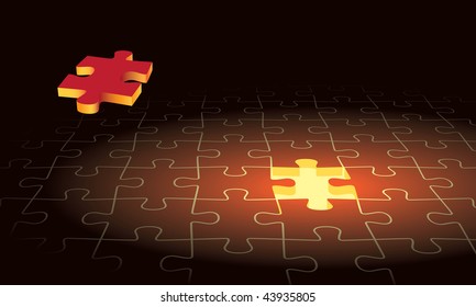 One piece of jigsaw puzzle is flying over a puzzle plane.