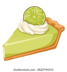 One piece of sweet key lime cheesecake pie with cream on top isolated on white background flat vector illustration