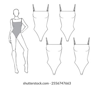 one piece swimsuit collection. swimsuits doodle set. woman silhouette drawing