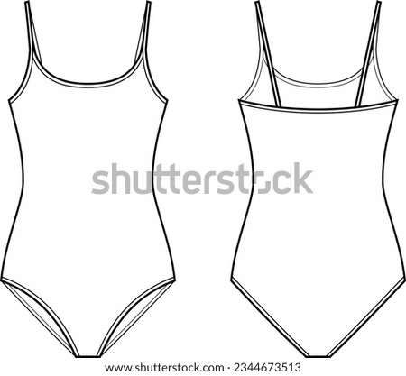 One piece swimsuit flat sketch. Bathing suit apparel design. Front back. Women CAD mockup. Fashion technical drawing template. Vector illustration.