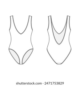 One piece swimsuit, front and back view flat vector illustration in black and white. V neck bathing suit mock-up with double needle stitches. Vacation and sport clothes concept. Beach vibes