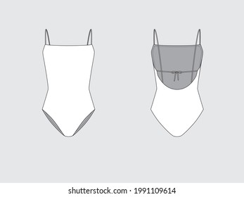 one piece swimsuit and revealing back with barely there self ties for an adjustable fit, front and back, drawing technical flat sketches of garments with vector illustration.