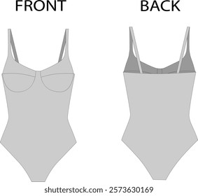 One piece swimsuit vector mockup, long sleeve swimsuit fashion illustration, crew neck bodysuit vector mockup, flat shoes, CAD mockup, technical drawing.