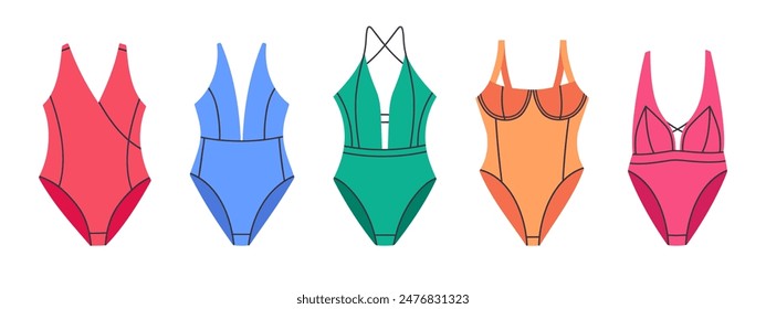 One piece swimsuits. Summer vacation ladies swimwear, fashionable beach clothing, colorful women's swimsuits flat vector illustration set. Swimming monokini collection