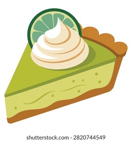One piece of traditional key lime pie American sweet cheesecake pie cream on top on plate flat vector illustration isolated on white background