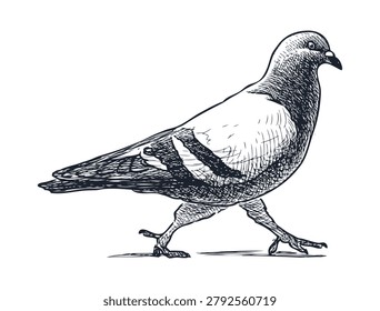 One pigeon bird walking, profile view, realistic sketch, vector hand drawing illustration isolated on white background