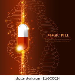 One pill close up flies and glows on red dark background and DNA.Colorful vector illustration of capsule.
