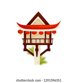 One pillar pagoda decorated with traditional red lanterns. Buddhist temple. Travel to Vietnam. Flat vector design
