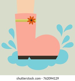 one pink boot with an orange flower is stepping on puddle in rainy day which makes a lot of drops of water spread all around. vector illustration.