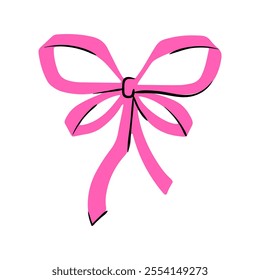 One pink bow in flat style. Vector bow hand drawn. Doodle sketch illustration for cards, boxes and gifts