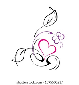 one pink heart with leaves, butterfly and swirls in colored lines on a white background