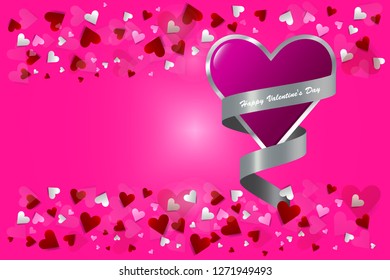 One pink heart  with silver edge wrapped in silver ribbon is  in the right side of the vector. Many small hearts are above and bottom of the vector. All is on a trendy pink background. 