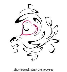 one pink heart with vignettes and leaves in colored lines on a white background